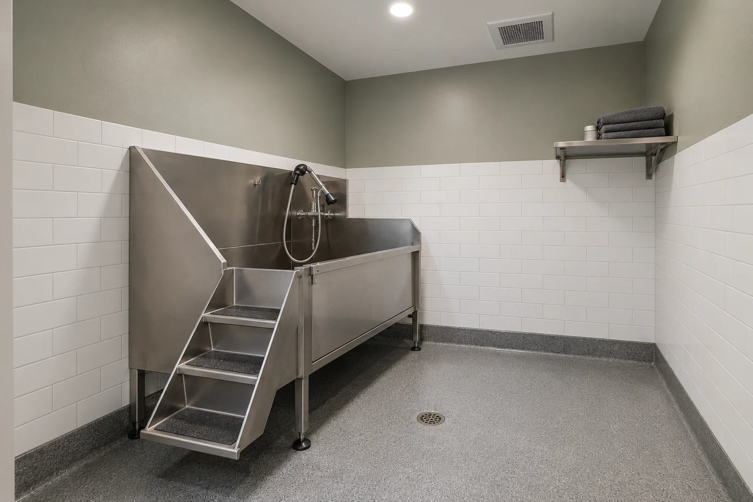 AI-generated dog wash room concept with stainless tub, tiled splash surfaces and practical flooring